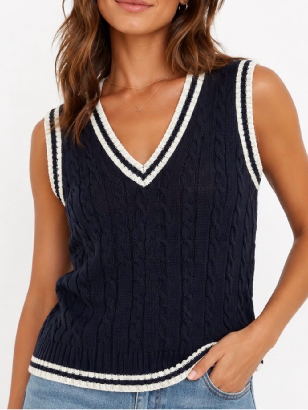 Say What Black Cable Knit V-Neck Sweater Vest with White Trim preppy college MD